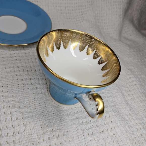 Aynsley England Turquoise Vintage Teacup Saucer Gold Filigree Corset Design RARE - Picture 15 of 16